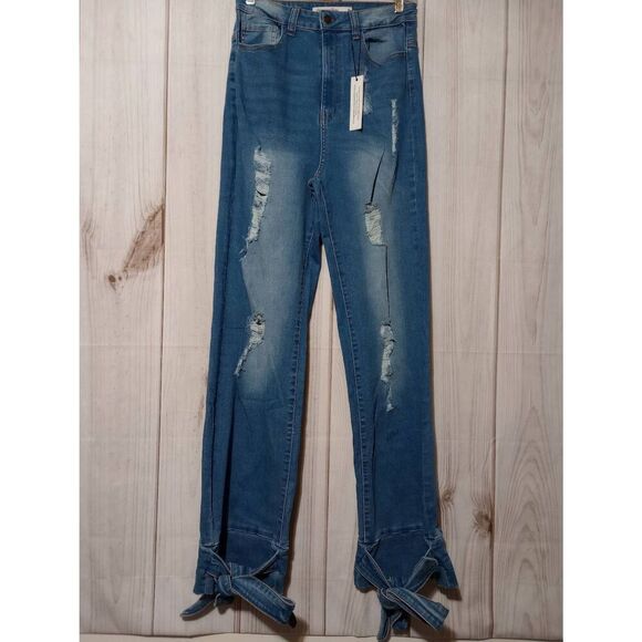 Highway Jeans‎ Ladies 9 High Rise Skinny Light Wash Tie Bottom Hem Distressed - Picture 1 of 8
